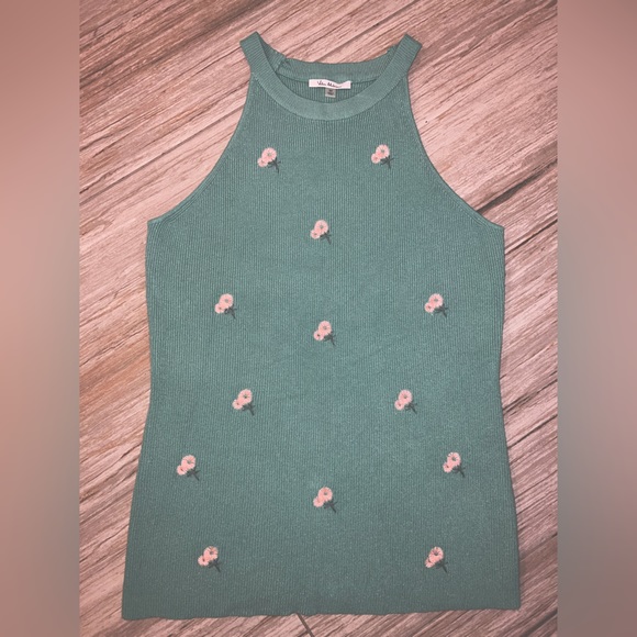 Vila Milano Tops - Green Vila Milano Top with Embroidered Pink Flowers